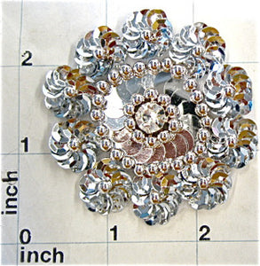SILVER SEQUIN FLOWER WITH BEADS 2.5"