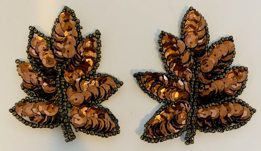 Leaf Pair with Bronze Sequins and Beads 2.5" x 2"
