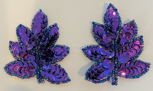 Leaf Motif - Choice of Pair or Single with Purple Sequins and Beads 2" x 1"