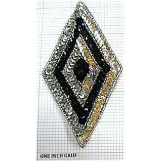 Diamond Shaped Motif Black and Silver Sequins and Beads 5" x 2.75"