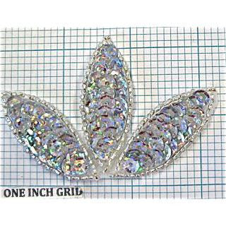 Three Leaf Appliqué with Spotlight Silver Sequins and Silver Beads 3" x 2"