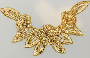 Triple Flower Neck Line with Gold Sequins and Beads 5" x 14"