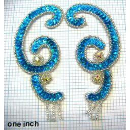 Designer Sequin Beaded Swirl with Rhinestones. 4"x 2"