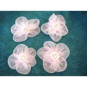 Flower Set of Four, Pink Organza with Rhinestone and Pearl 1"