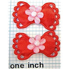 Load image into Gallery viewer, Flower on Bow Pair, Red Satin 1 3/8&quot; x 7/8&quot;
