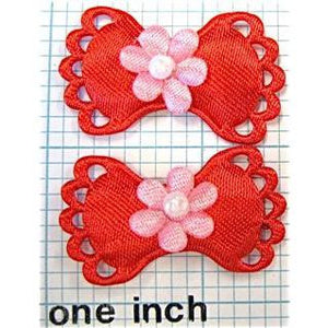 Flower on Bow Pair, Red Satin 1 3/8" x 7/8"
