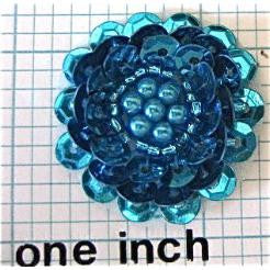 Flower With Blue, Beads, Pearl and Sequins 1.25"