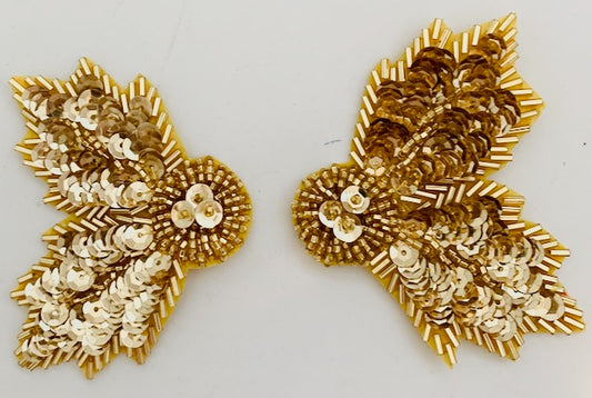 Leaf Pair with Gold Sequins and Beads and one Red Leaf 2.5" x 2.5"