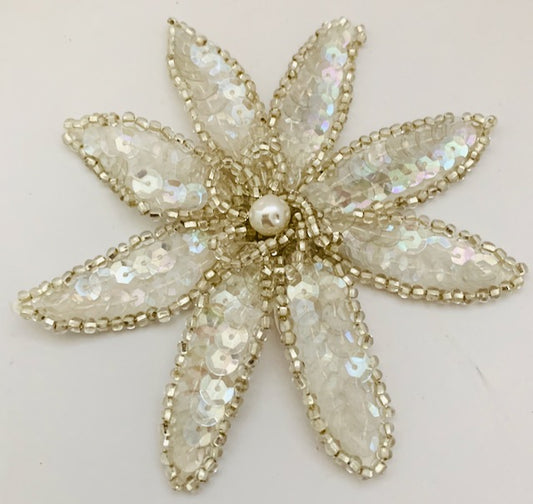Flower with Pointed Petals - Iridescent Sequins and Beads and a Pearl Center 4" x 4"