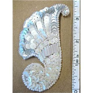 Designer Motif Feather Shape with White and Silver Sequins, White Beads 3.5"