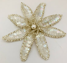 Load image into Gallery viewer, Flower withPointed Petals with Iridescent Sequins and Beads with Pearl 4&quot; x 4&quot;