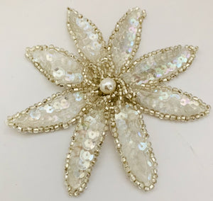 Flower withPointed Petals with Iridescent Sequins and Beads with Pearl 4" x 4"
