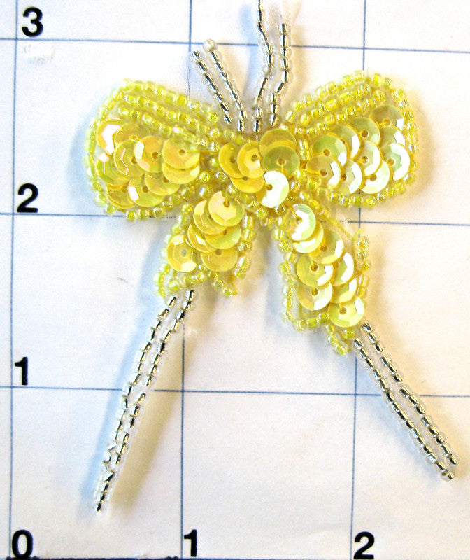 Bow Yellow with Silver Beads 2.5" x 2"