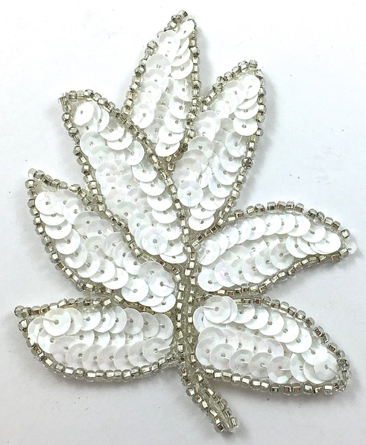 Leaf Pair with White Sequins and Silver Beads 4.5" x 3"