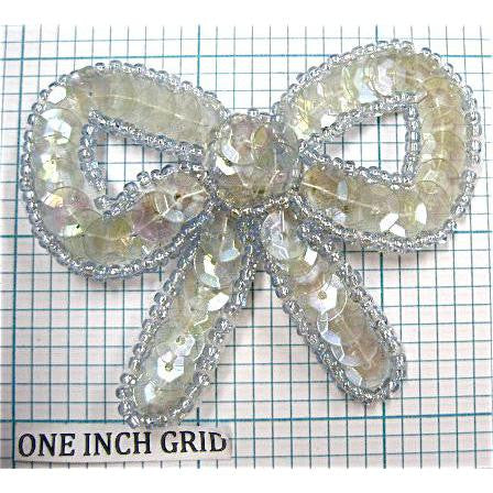 Bow with Iridescent Lite Greenish Sequins and Lite Blue Beads 2" x 2.5"