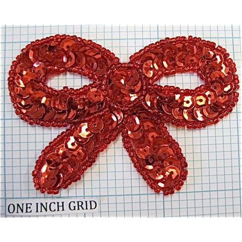 Bow Red Sequin and Bead Trim, 3" x 2.25"