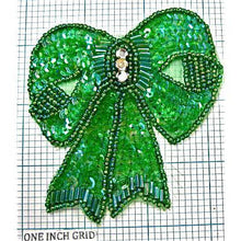 Load image into Gallery viewer, Bow Lime Green with Green Beads and Rhinestone 3.5&quot; x 3.5&quot;