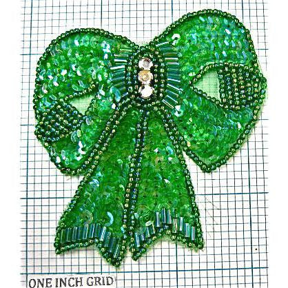 Bow Lime Green with Green Beads and Rhinestone 3.5