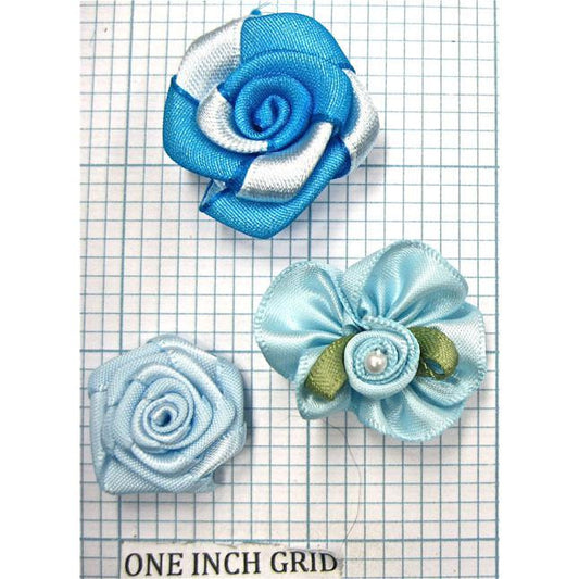 Flower Set of Three Blue Satin 1"