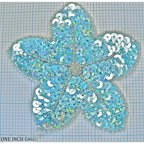 Flower Lite Blue 4.25" x 4.25" Sequin and beaded flower.