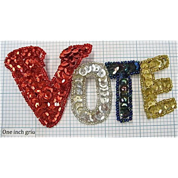 Vote with Red silver Moonlite Gold Sequins and Beads 2.5