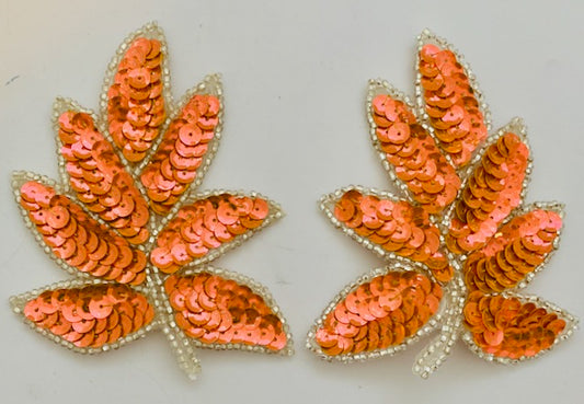 Leaf Pair with Brilliant Peachy Pinky Sequins and Silver Beads 4" x 3"