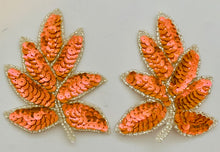 Load image into Gallery viewer, Leaf Pair with Brilliant Peachy Pinky Sequins and Silver Beads 4&quot; x 3&quot;