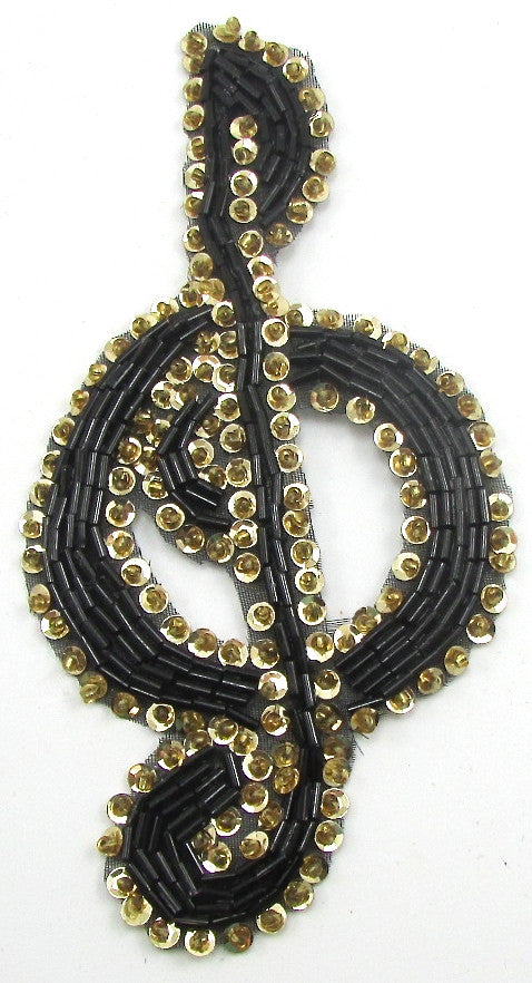Treble Clef with Gold Sequins and Black and Gold Beads 5" X 3"