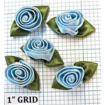 Flower Blue Satin Ribbon Blue and Green Leaf Set of 5