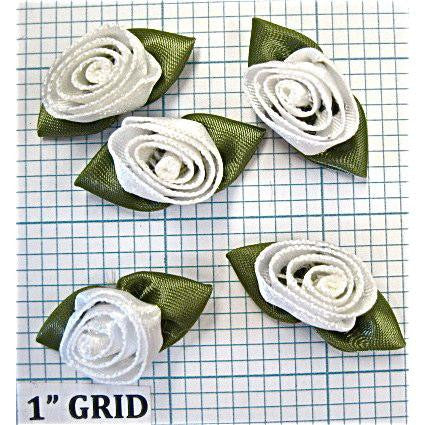 Flower Set of 5 Satin with White Flowers and Green Leaves 1"