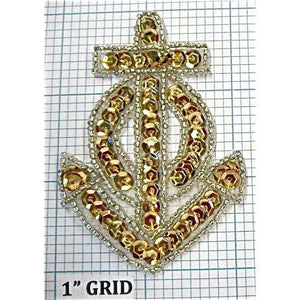Anchor with Gold Sequins Silver Beads 3" x 2.5" - Sequinappliques.com