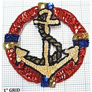 Anchor with Red Beige Sequins 4.25" x 4.25" - Sequinappliques.com