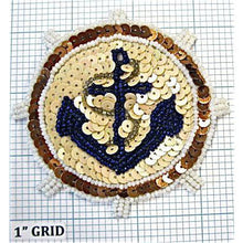 Load image into Gallery viewer, Ship Wheel with Tan, Blue, Bronze Sequins and Beads 3.5&quot; X 3.5&quot;