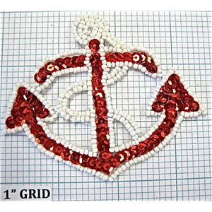 Anchor Red Sequins White Beads 3" x 3.75" - Sequinappliques.com