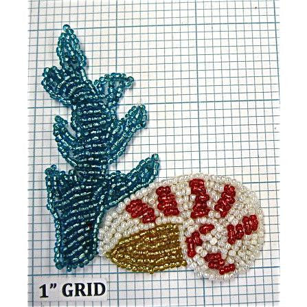 Seaweed and Shell, Turquoise, White, Red and Gold Beads 3" X 2.75"