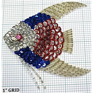 Fish with Red, Silver, Blue Sequins and Silver Beads 4" x 4.25"