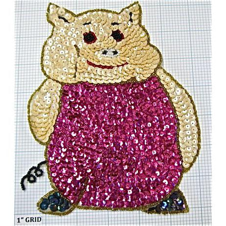 Pig with Beige and Fuchsia Sequins and Beads 7.5" x 5.5"