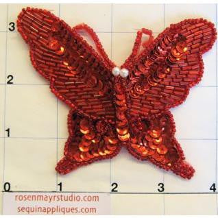 Butterfly - Red Sequins and Beads - Pearl Eyes 4” x 3”