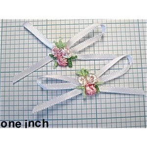 Flower Set of Two, Pink Embroidered Flowers with White Ribbon Bow 2" x 1"