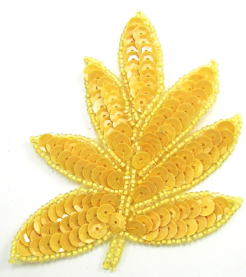 Leaf with Bright Yellow Sequins and Beads 4" x 3.75"