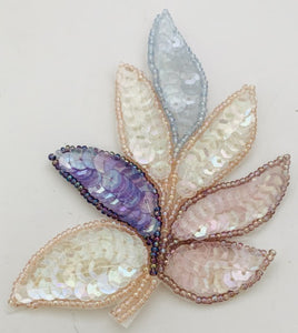Leaf with purple pink cream blue iridescent sequins and matching beaded trim 4" x 3"