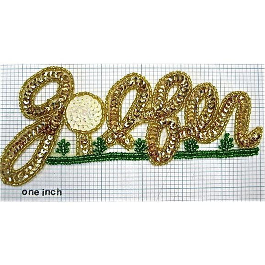 “Golfer” with Gold and Beige Sequins and Gold and Green Beads 4" x 6"