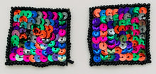Load image into Gallery viewer, Designer Motif Squares with Mardi Gras Colors and Black Beaded Trim