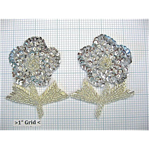 Flower Pair with Silver Sequins and Beads 4" x 3"