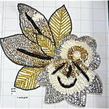 Flower with Silver, Gold, Transparent and Black Sequins with Black and Gold Beads 9" x 7"