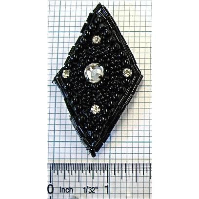 Diamond with Black Beads and Rhinestones 3" x 1.5"