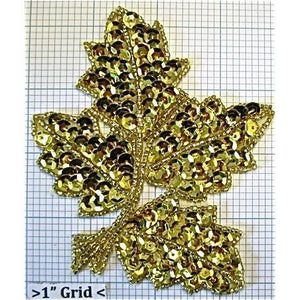 Leaf with Gold Sequins and Beads 4" x 4"