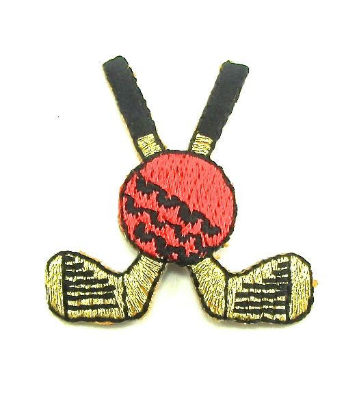 Golf Clubs, Black, Metallic Gold with Red Golf Ball, Embroidered Iron-On 1.5" x 1.25"