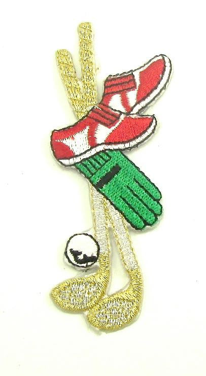 Golf Clubs with Ball, Shoes and Gloves, Multi-Colored with Metallic Gold Embroidered Iron-On 3.5" x 1.5"