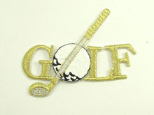 Load image into Gallery viewer, Soed &quot;Golf&quot; with Club and Ball, White, Black and Gold Metallic Embroidered Iron-On 3.25&quot; x 3&quot;